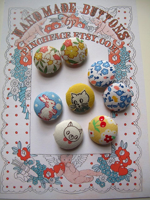 Handmade Fabric covered button mixed set of 8 cute designs, sewing supplies