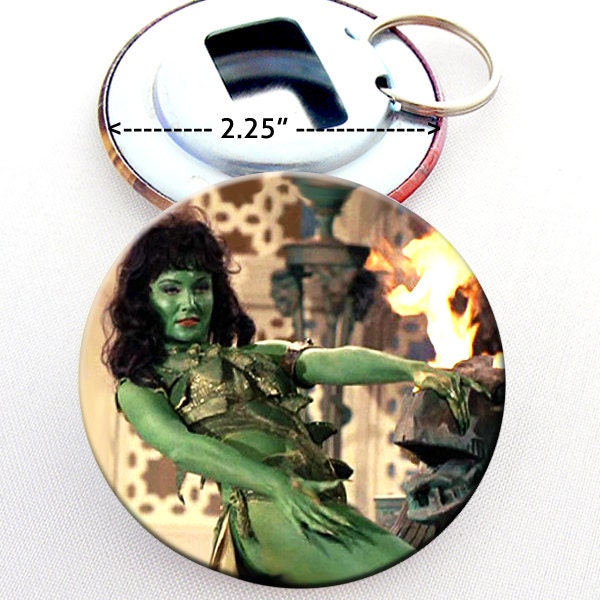 Green Alien Woman Star Trek  Bottle Opener 2.25 Button with Keyring