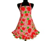 Flower Apron , Red Geraniums , Adjustable with Retro Ruffle and Pocket