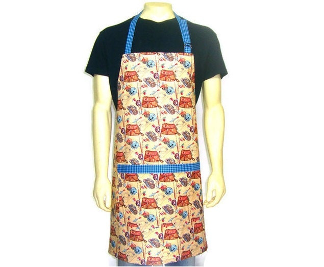 Fly Fishing Kitchen Apron,  Mens Full Chef Length, Brown with Blue Trim