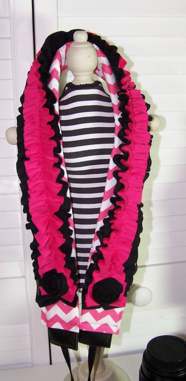 Dslr camera strap padded --expandable lens cap pkt- chevron and damask pink and black-double ruffles-rosettes--Snugglens