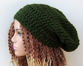 Dark olive green slouchy beanie dread tam hat wool blend