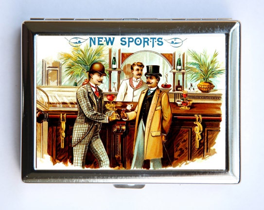 Victorian Men Drinking  Cigarette Case Wallet Business Card Holder hipster mustache elegant