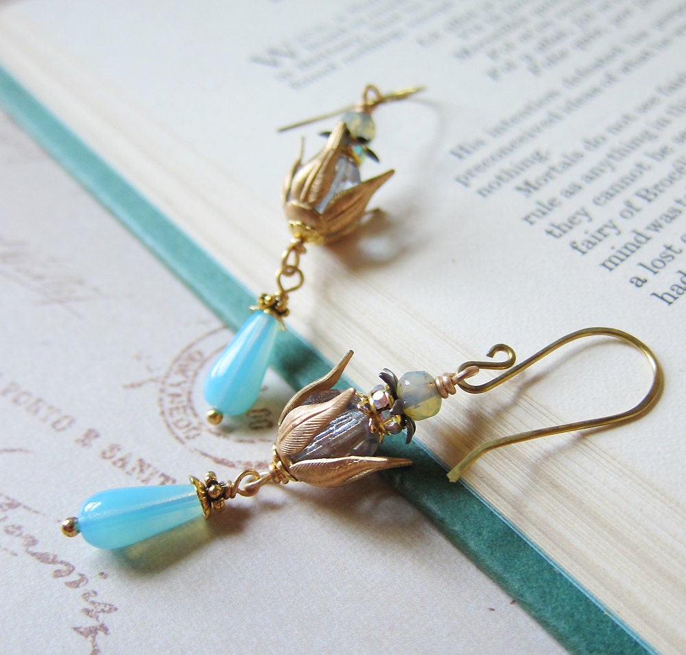 Golden Lotus Earrings - Soft Blues - Pastel Floral Earrings