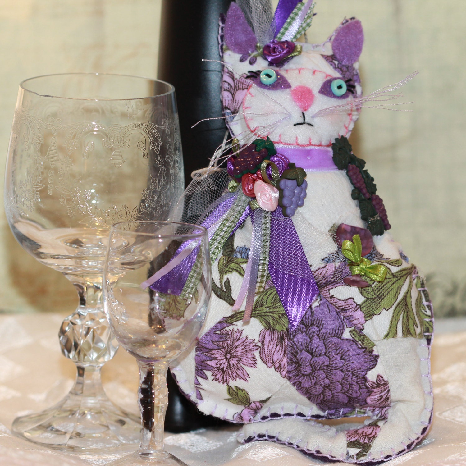 Days of Wine and Roses Super Sized Pretty Kitty Quilty Critter (ornament/pincushion) Grape Floral