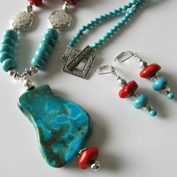 Slab turquoise gemstone pendant necklace, turquoise howlite and red coral, silver necklace, earrings, beaded jewelry, southwestern, Sedona