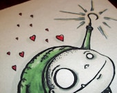 Valentines Monster Love "Hooked on You"  Card Romantic  5x7 Greeting Card Blank inside by Agorables Undead