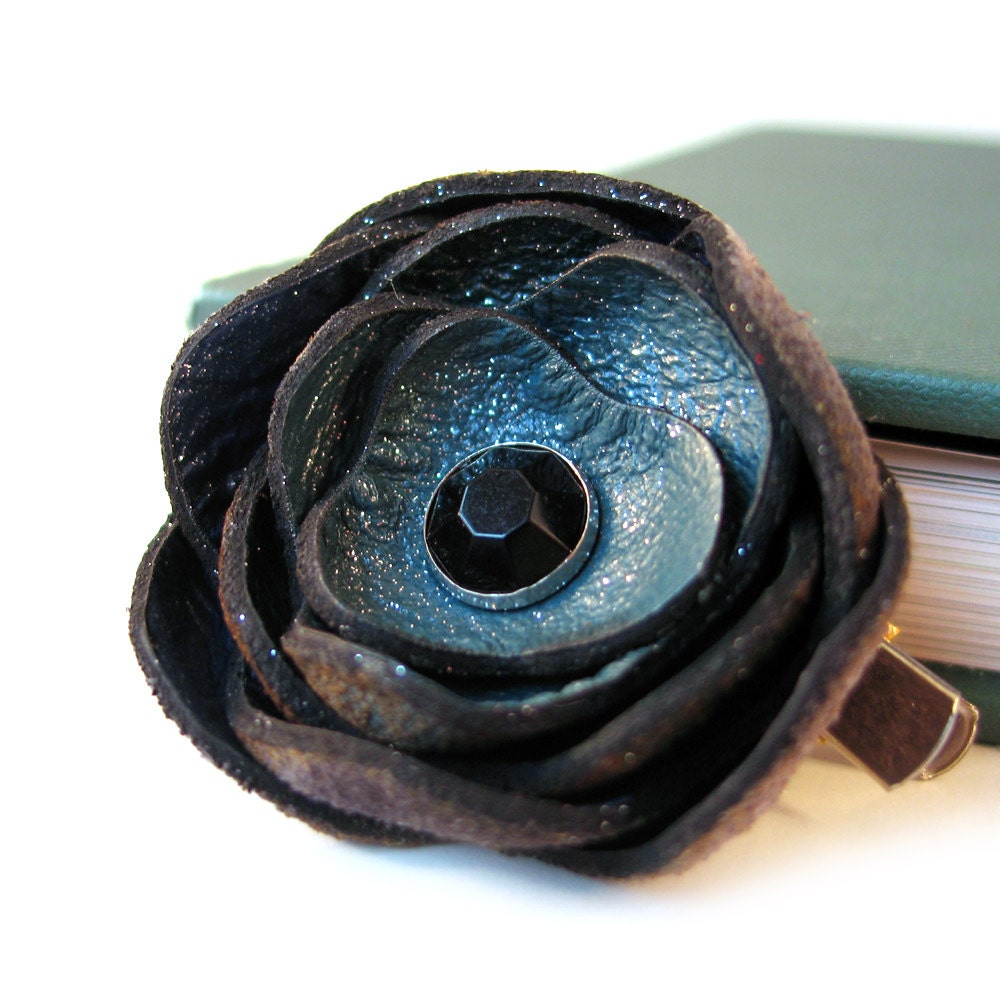 Teal Shimmer Leather Flower Clip/Pin for Hair, Hat or Lapel, Women, Girl, Brooch, EcoFriendly, OOAK