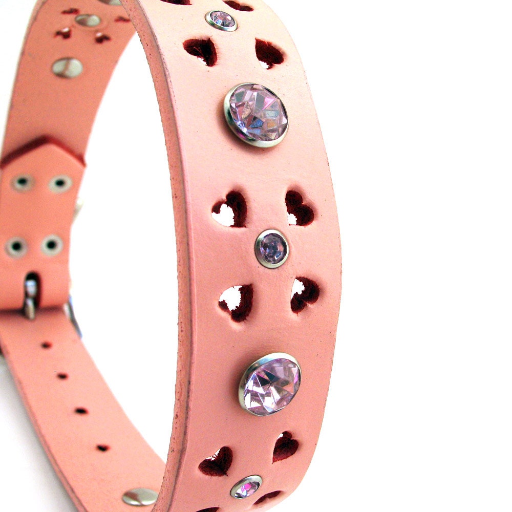Sweetheart Pink Leather Dog Collar with Crystals & Hearts, Size M, to fit a 14-17in Neck, Eco Friendly, Girl, Feminine, OOAK