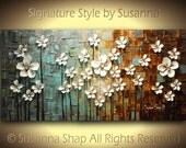 ORIGINAL Contemporary Landscape Art White Flowers Painting Textured  Modern Brown Blue Oil Painting by Susanna Ready to Hang 48x24