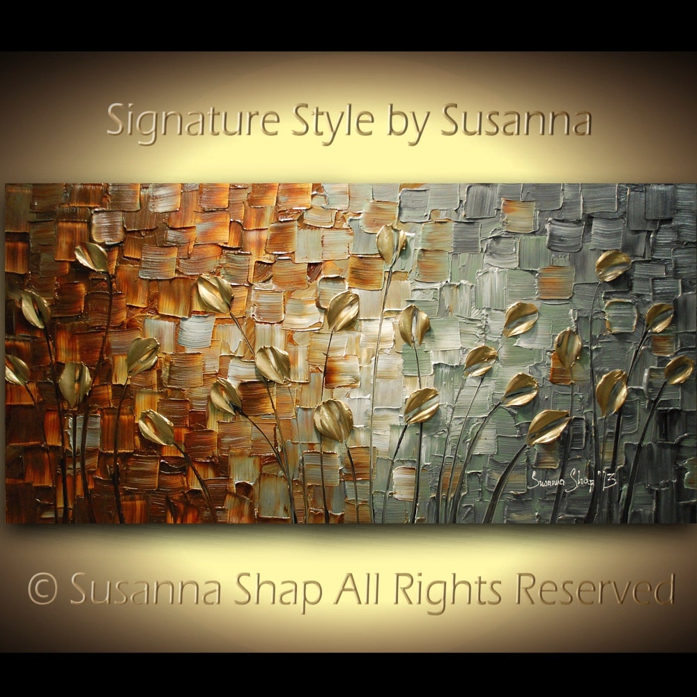 ORIGINAL Abstract Contemporary CAMO Heavy Texture Brown Grey Tulips Painting Palette Knife Impasto Landscape by Susanna 48x24 Ready to Hang