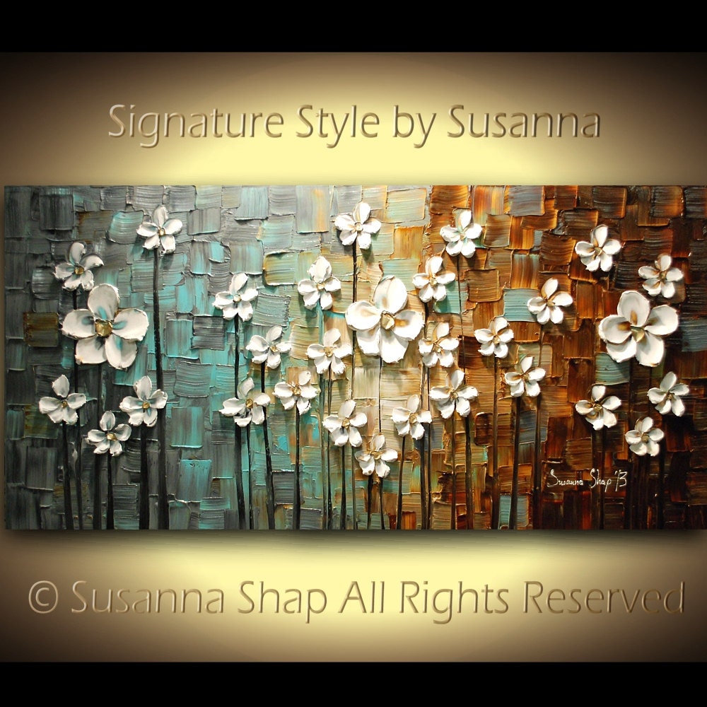 ORIGINAL Contemporary Landscape Art White Flowers Painting Textured  Modern Brown Blue Oil Painting by Susanna Ready to Hang 48x24