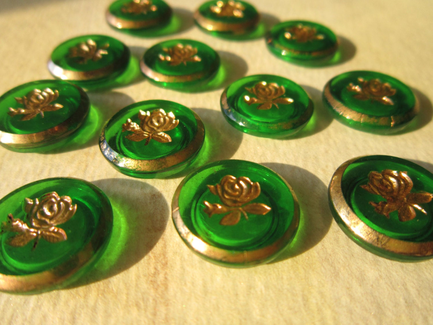 Vintage Glass Cabs - Gold Lustered Rose - GREEN