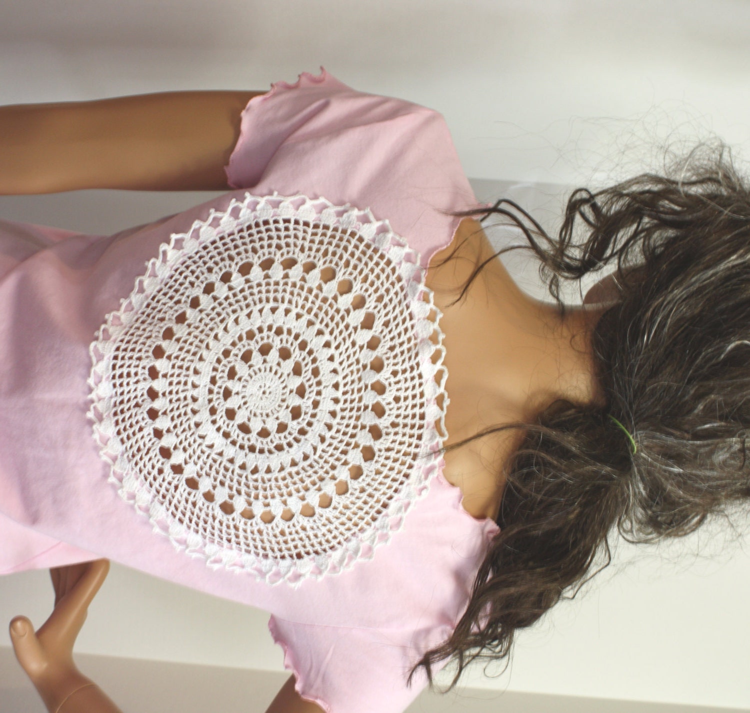 Womens T shirt Crochet Doily Upcycled Tshirt Summer Top Boho Gypsy Hippie Clothes Pink