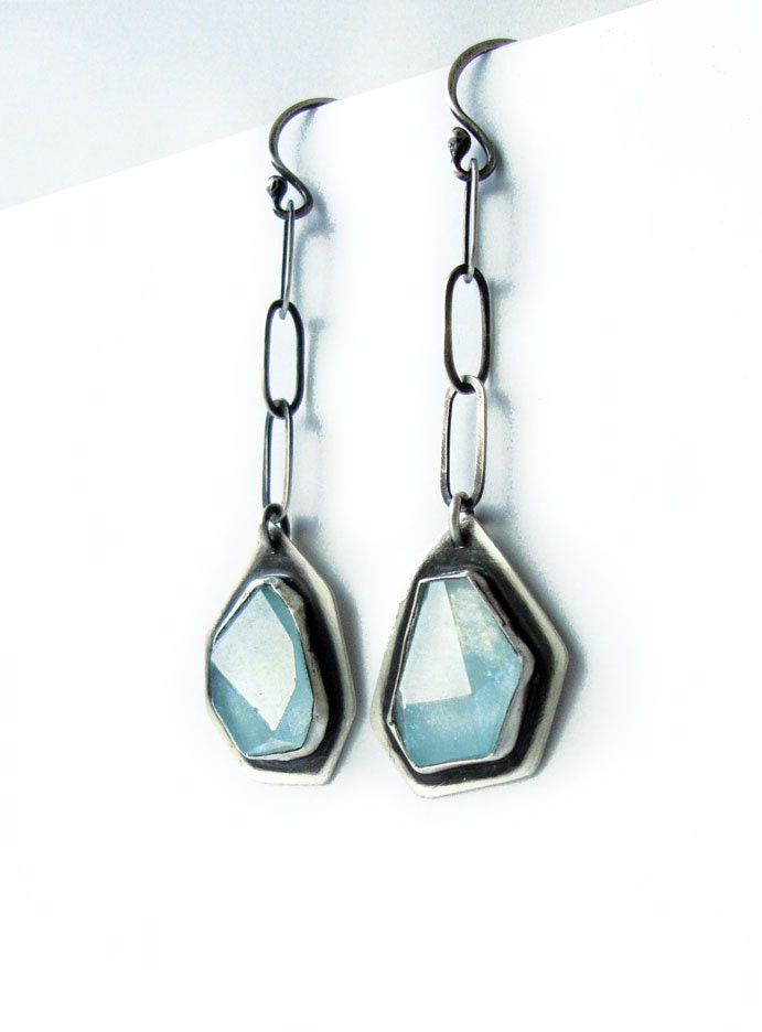 Faceted Aquamarine Earrings,  Silver Aquamarine Earrings, Modern Random Irregular Facet Pale Blue Dangle Earrings-LONG
