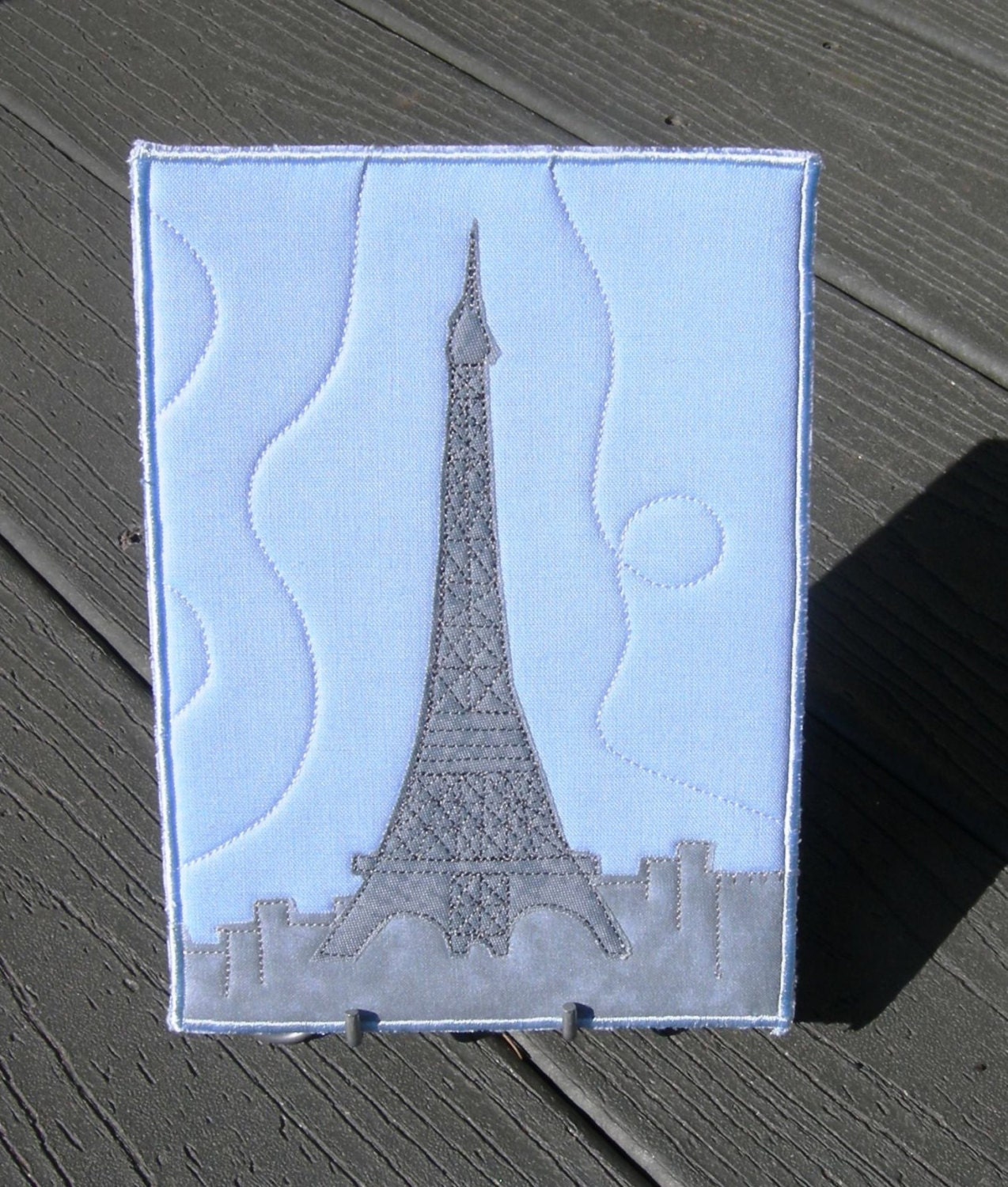 Quilted Fabric Postcard, Eiffel Tower in Paris France, Frameable Art