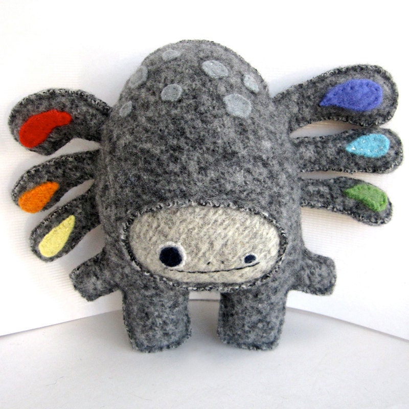 Gray and Rainbow Strange Foo - Recycled Wool Plush Toy