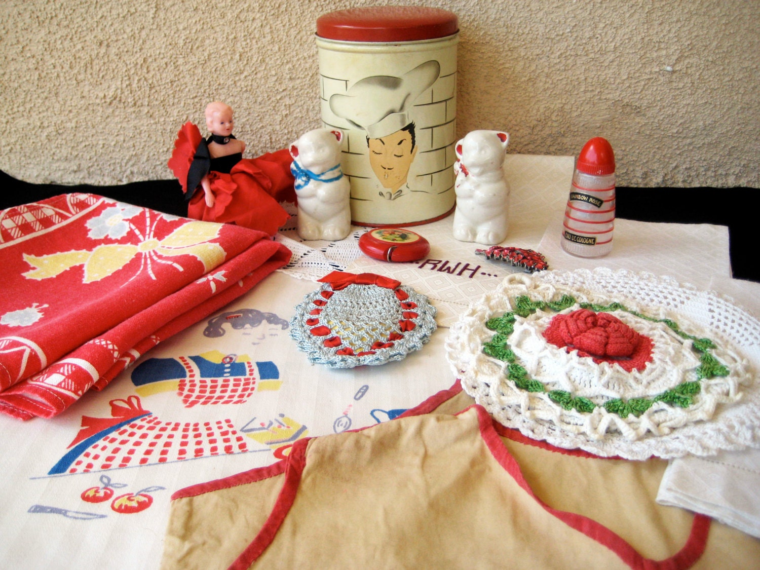 Vintage RED Assortment Including Frenchman Tin and Hostess Apron