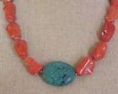 Salmon Coral necklace with Large Turquoise Oval bead one of a kind