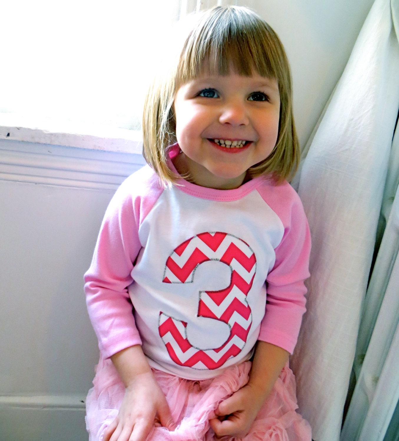 Any Number Fuchsia and White Chevron 1 Baseball Raglan Big Number Girls Birthday T Shirt first birthday 1st