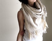 No. 3 Handwoven Fringe Scarf  /  Cotton / Linen / Wool / Ecru Shawl / Stripe