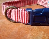 Yacht Club - Organic Cotton MEDIUM Dog Collar Red White Blue Nautical Striped - All Antique Brass Hardware