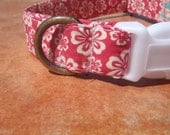 The Maui - Organic Cotton MEDIUM Dog Collar Pink Hawaiian Flower Hibiscus - All Antique Brass Hardware