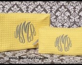 Gift Set of 2 - Small and Large Monogrammed Cosmetic Bags - Personalized Waffle Weave bridesmaids case set purple teal blue lime coral