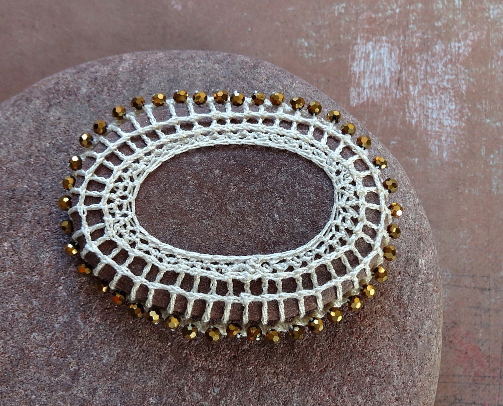 Art, Mixed Media, Original, Tribal, Crochet Lace Stone, Table Decorations, Handmade, Beige Thread, Small