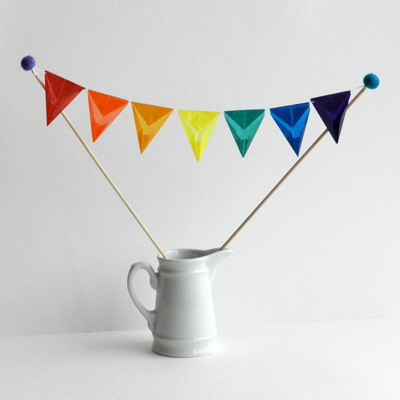 Custom Order Cake Topper - for Wedding Cake, Birthday Party, Mini Bunting - Handmade with Rainbow Color Kite Paper and Wool Felt Set