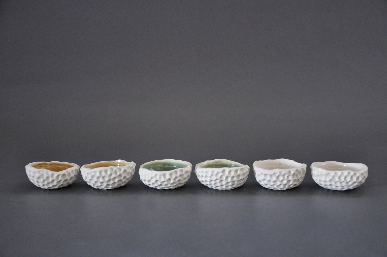Pair of Tiny Hive Textured Bowls - Salt Cellar Pepper Spice Sauce Porcelain White Ceramic Bowl