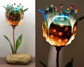 Glass Flower Lamp / Fused Glass Table Lamp / Stained Glass Lamp / Accent Lamp / Art Glass Tulip - Brown, Cream and Turquoise Blue