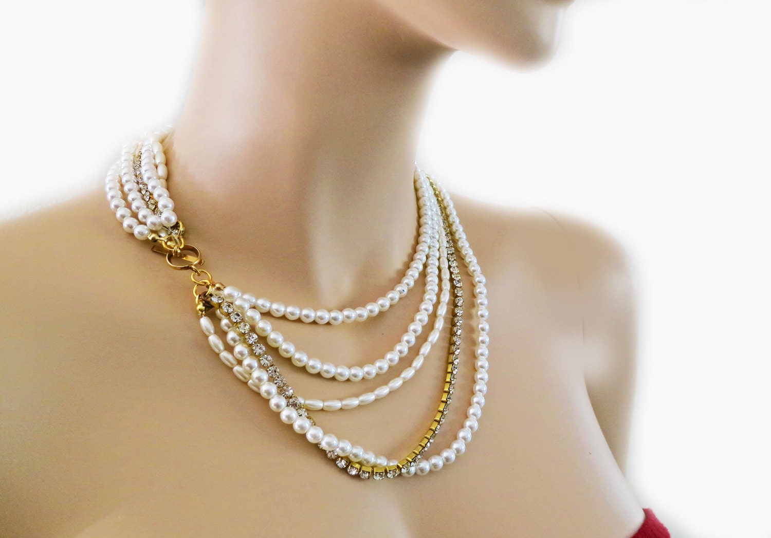 Layered Pearl Bridal Necklace Rhinestone Wedding Jewelry Brides Bridesmaids Gift  White Pearls Gold
