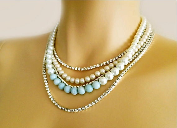Something Blue for Wedding,, Wedding Pearl Necklace, Bridal Rhinestone Necklace, White Pearl Necklace, Pearl Necklace, Wedding Accessories