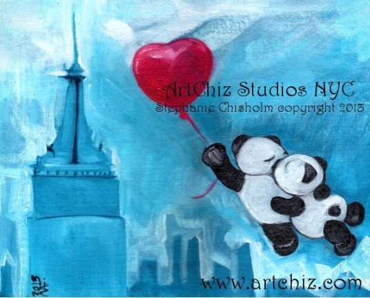 Two Pandas Kissing while Flying over New York City - 5 X 7 Matted Print - Fly Me to the Moon -  Wedding Gift - Panda Love - Panda Art