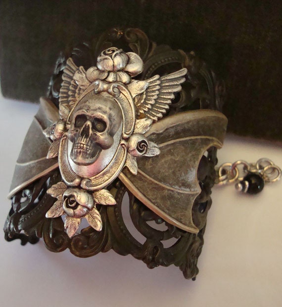 Gothic Love Story, Roses, Wings, and Skull Bracelet Cuff, Chain mail and Filigree Elements, Original and Hand Made