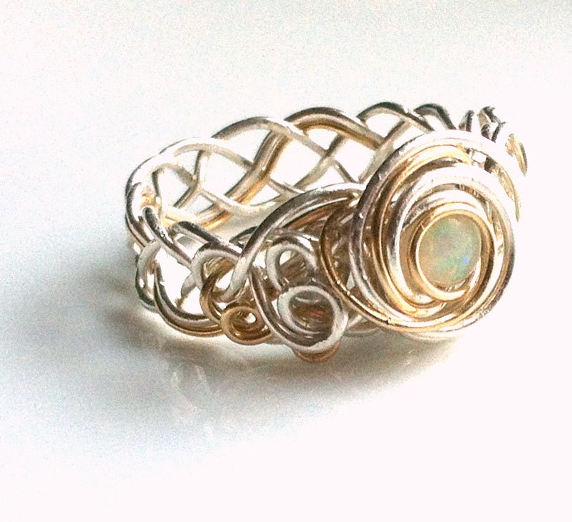 Silver, gold and opal ring, size 8.25