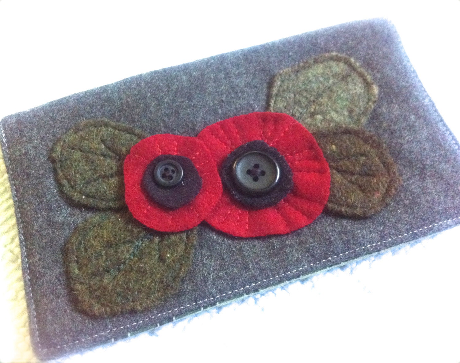 POPPIES in bloom Checkbook Cover Repurposed Wool