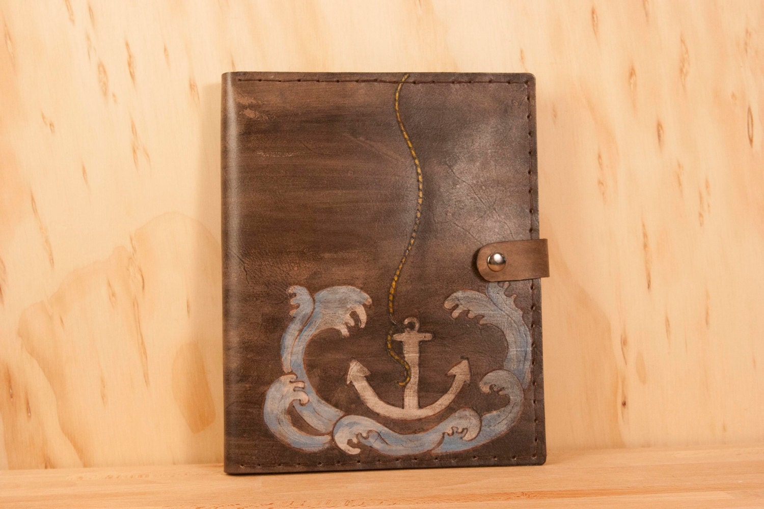 Leather iPad Case - Splashdown pattern in blue, white, yellow and antique black