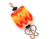 Butterfly glass lampwork brass pendant focal bead. Nectarine, Poppy Red, lemon zest. Pantone 2013 spring colors