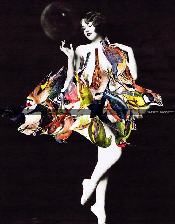Ballerina.Birds.Collage.Vintage photo.Print.Gift.Eco.100% recycled paper.dancer..tutu.classy.twenties.art affordable.home deco.fathers day