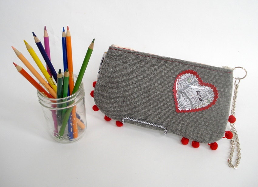 Heart of Texas Wristlet, Map of Austin, Grey Chenille with Red Pom-Poms, Handmade in Austin, Texas