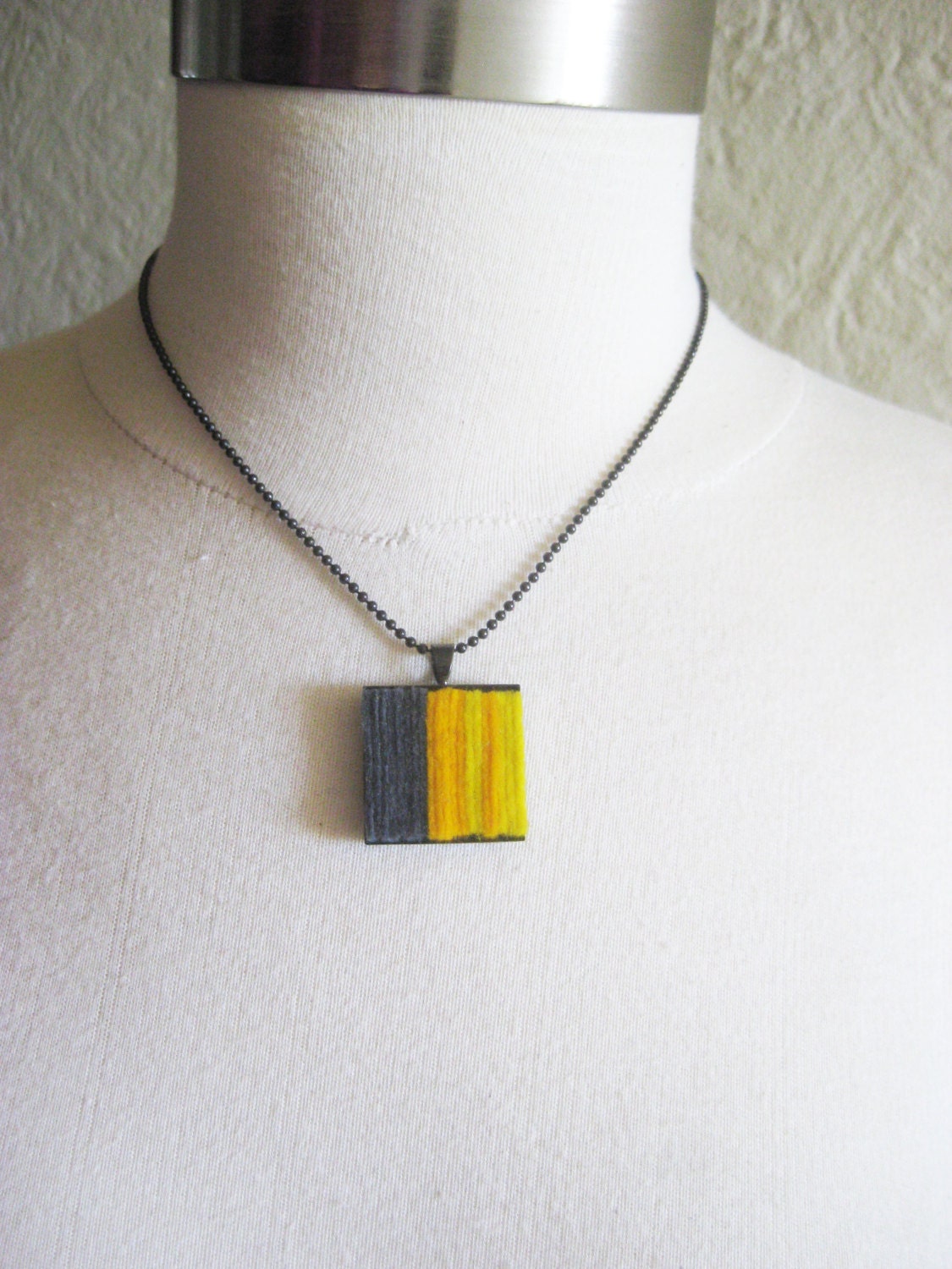 felt square necklace in mustard and gray, one of a kind, simple pendant, ready to ship