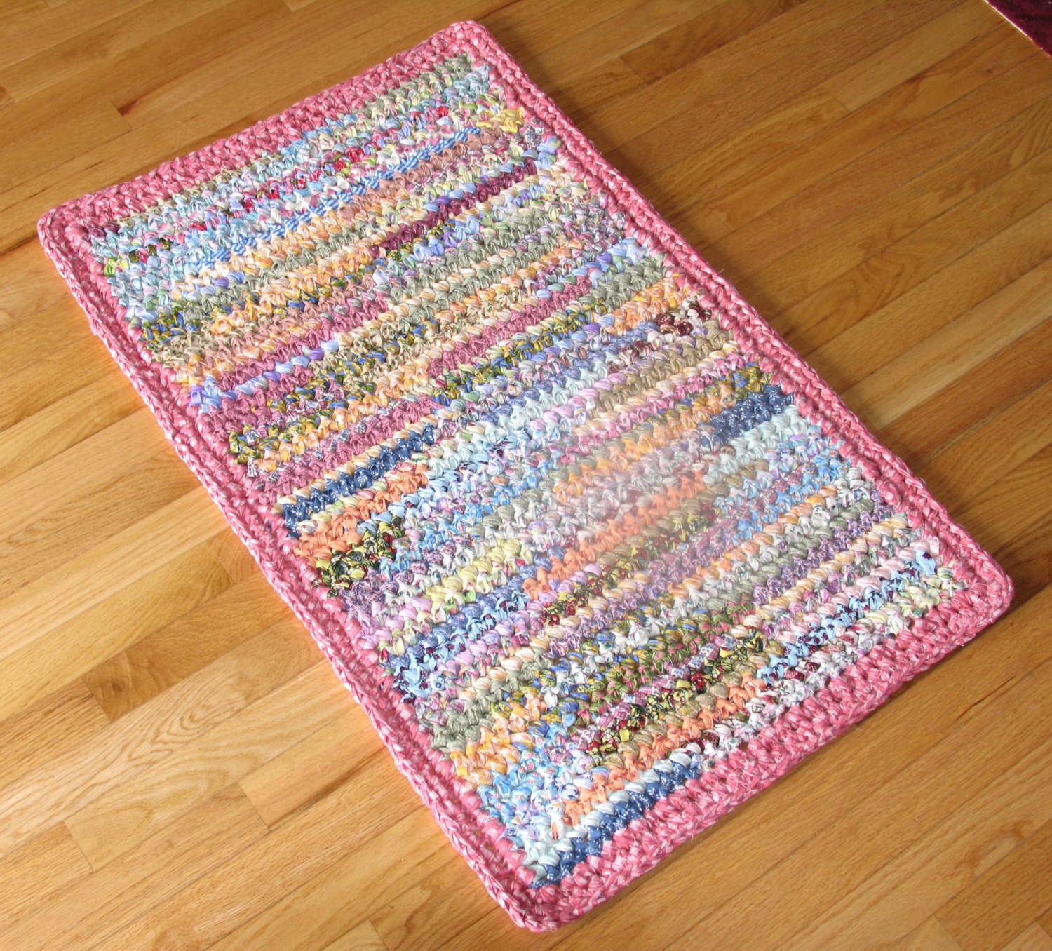 Rectangular Hand Crocheted Cotton Fabric Rag Rug / Pastels Odds and Ends with Pink Border