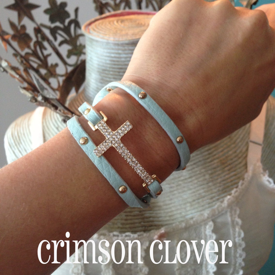Tiffany Blue Leather Triple Wrap Side Cross Bracelet