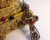 Scarlet Celtic Cross Wire Wrap Necklace