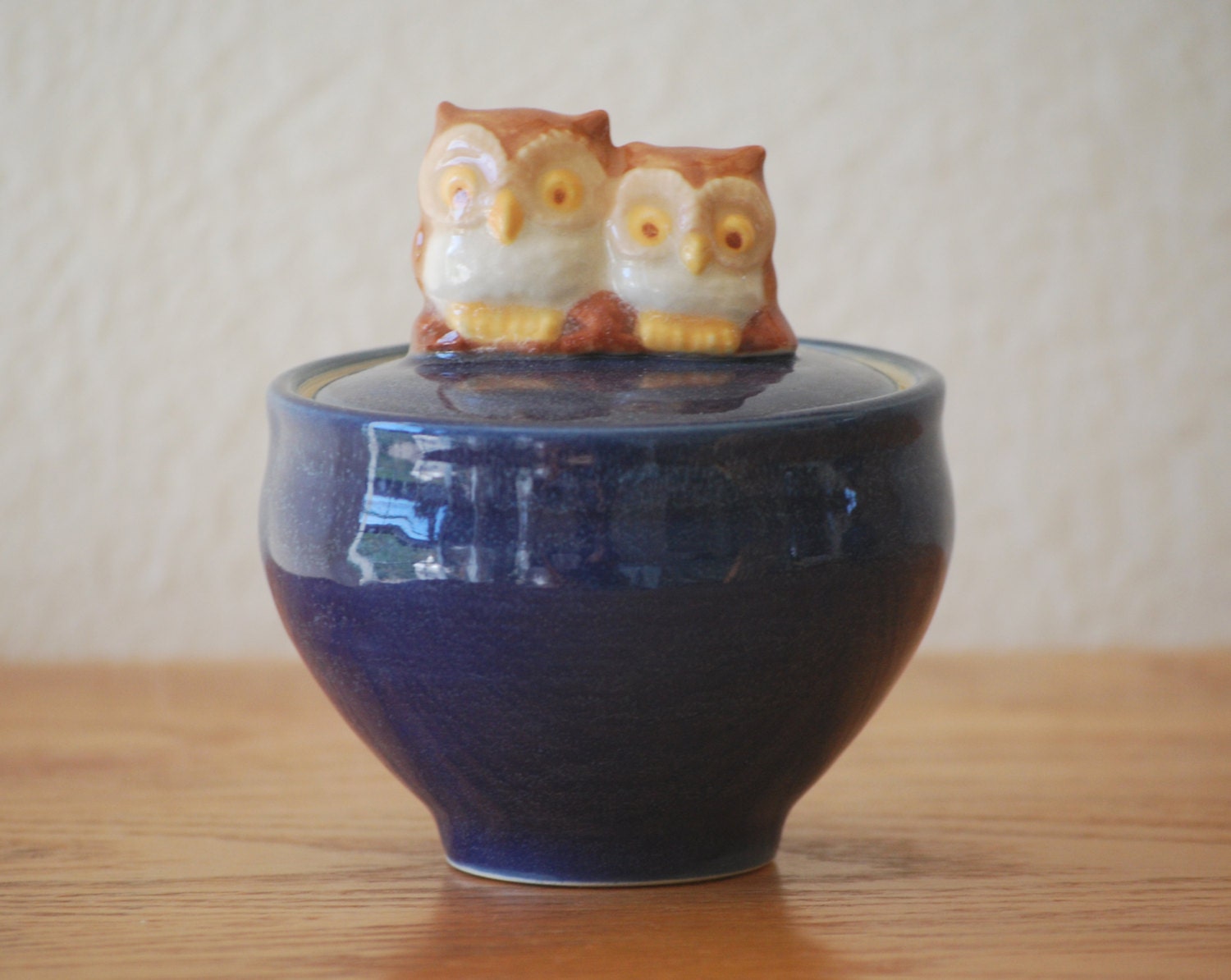 Owl lidded jar, in Cobalt Blue