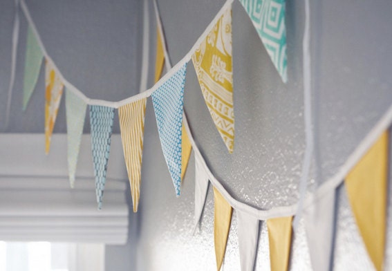 Bunting Banner Set in Aqua Blue, White, and Yellow.  2 Flag Pennant Party Banners, Garlands. For boys or girls.