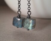 Faceted Labradorite Earrings, Gemstone Cube Earrings, Long Drop Earrings, Oxidized Silver Earrings, Chain Earrings, Linear Earrings