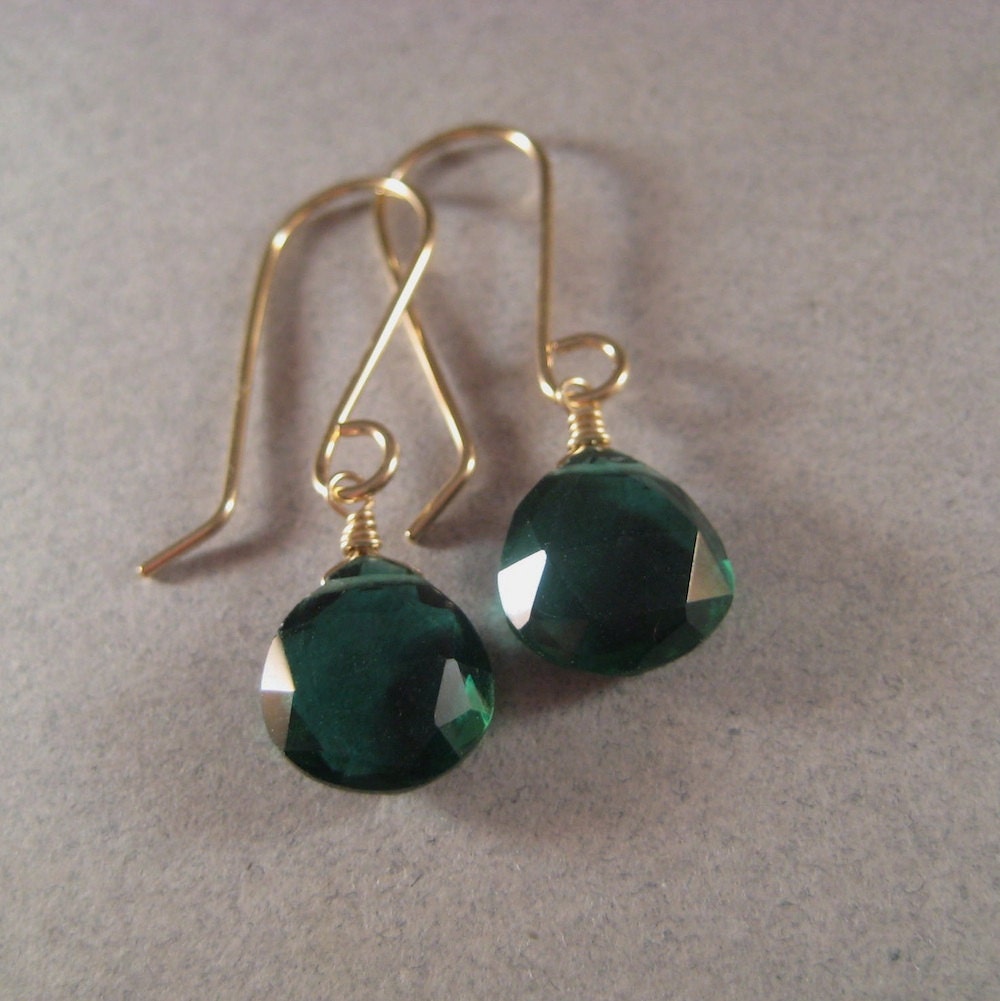 Green Quartz Earrings, Gold Fill Earrings, Faceted Briolette Earrings, Emerald Green Jewelry